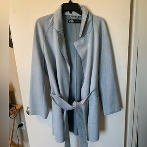 Zara Pale Blue Suede-Effect Belted Trench